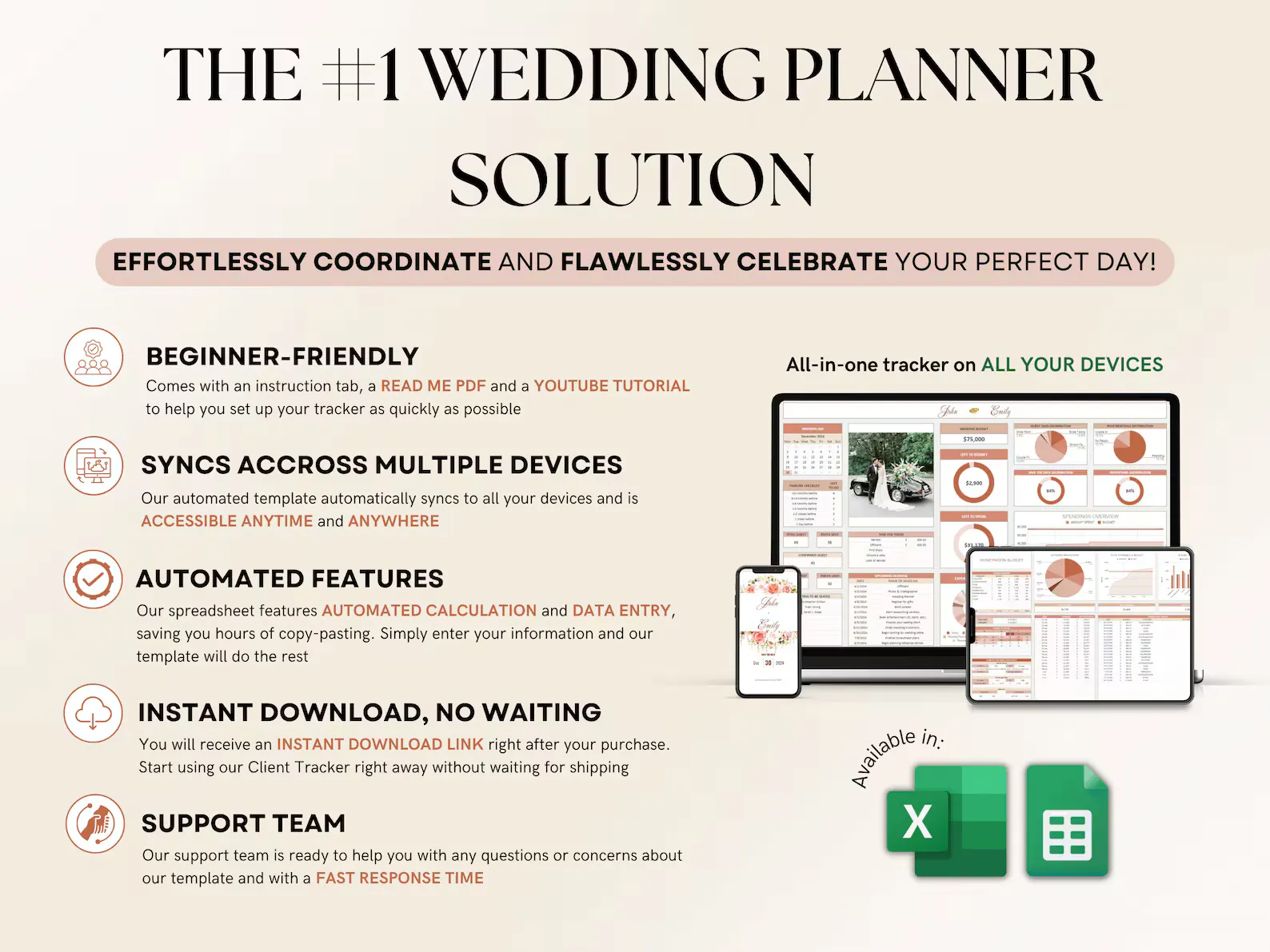 Wedding planner spreadsheet preview showing beautiful organization and automation features